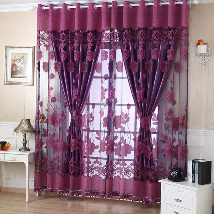 Decoration Polyester Cotton Deep Purple Floral Sheer and Shading Cloth Curtain Set