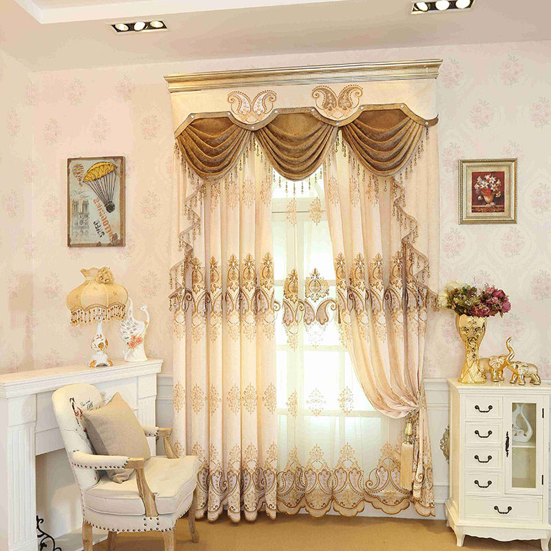 Beige Embroidery Blackout Curtains Sun Light Blocking Window Curtains Floral Sheer 2 Panels Custom Grommet Curtains For Living Room Bedroom