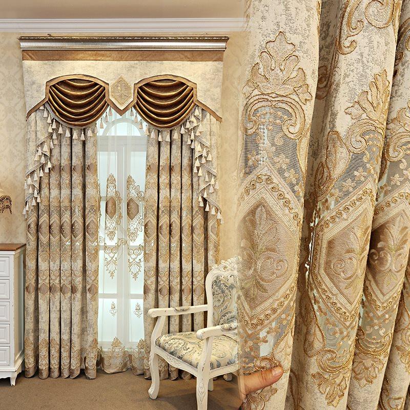 Chenille Elegant Blackout Curtains High Quality Beige European Embroidery Window Curtains Shading Curtains Sheer Valance for Living Room Bedroom Custom Set of 2 Panels