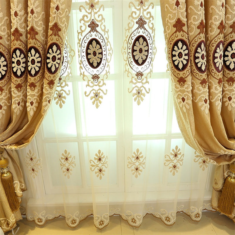 Classical Embroidered Damask Pattern Custom Grommet Top Sheer Curtain