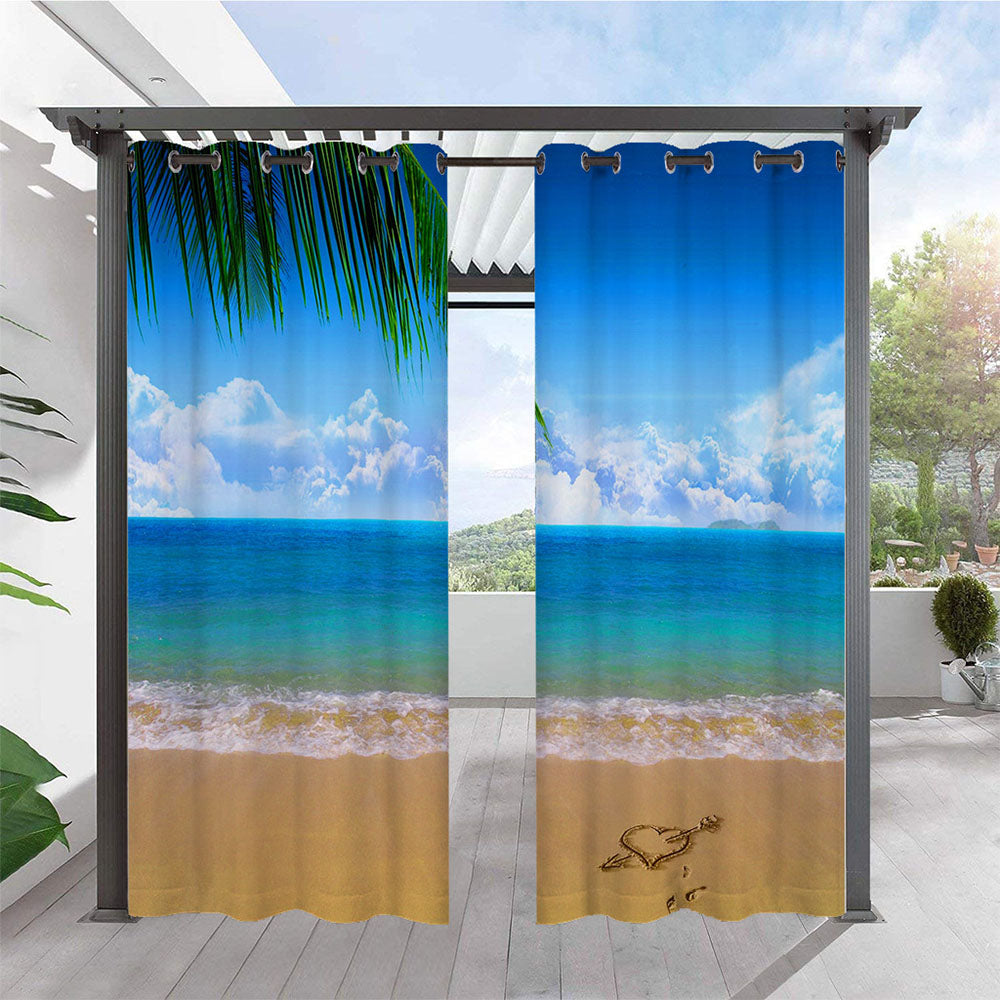 Modern Blue 3D Outdoor Curtains Sea View Beach Grommet Top Cabana Curtain Waterproof Sun-proof Heat-insulating Polyester 2 Panels