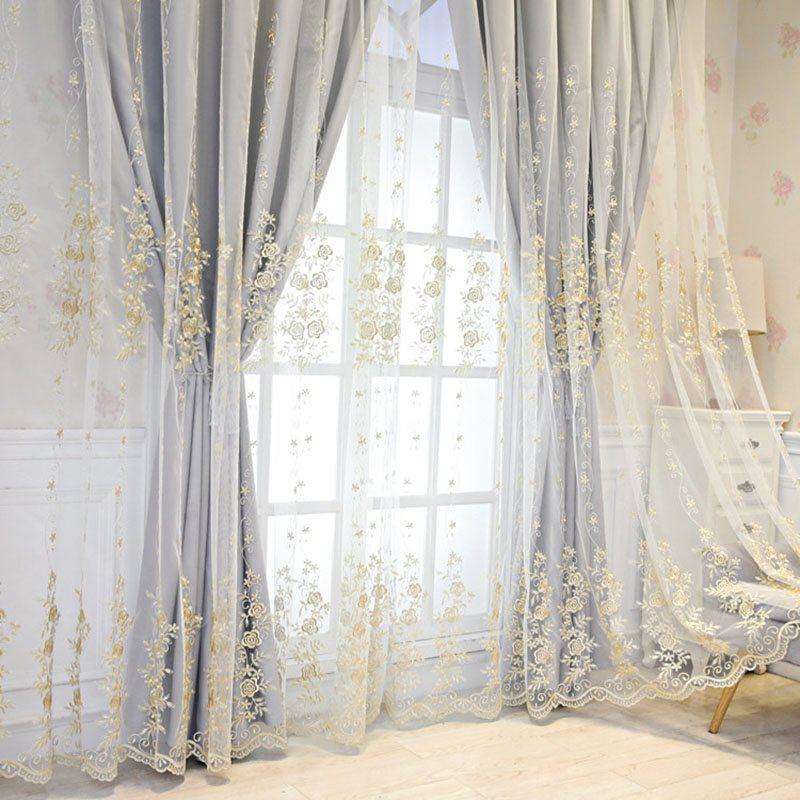 European Floral Rose Embroidery Curtain Sets Sheer and Lining Blackout Curtains Full Shading Double Curtains for Living Room Bedroom Decoration Ultraviolet-Proof No Pilling No Fading No off-lining