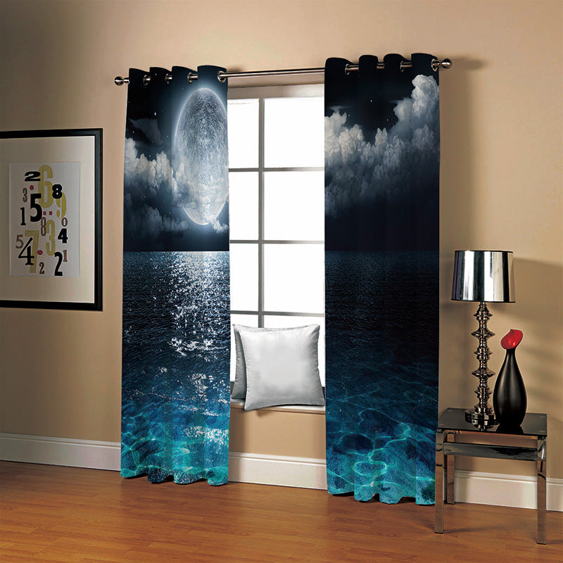 3D Printed Night Sky Window Curtains Modern Polyester Decoration Blackout Full Moon and Foggy Clouds with Turquoise Glass Like Sea Ocean Print