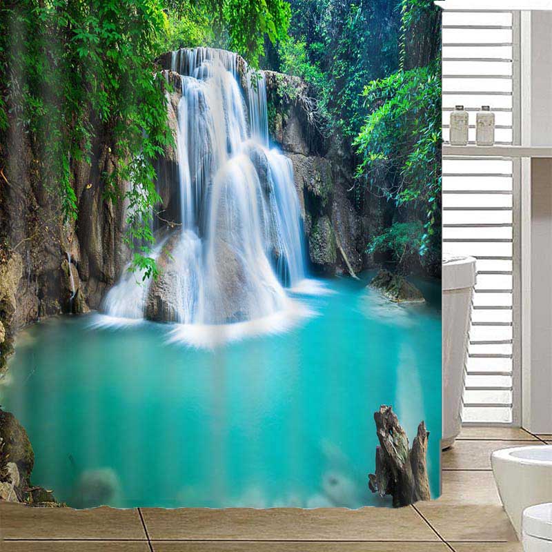 3D Gorgeous Waterfall and Blue Pond Painted Water-proof Decorative Private Bathroom Shower Curtain Bath Mat