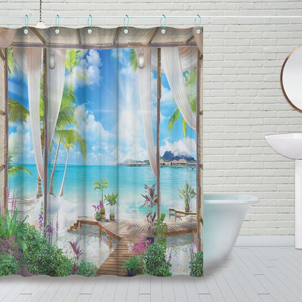 Blue 3D Printed Landscape Shower Curtain Waterproof and Mildewproof Polyester