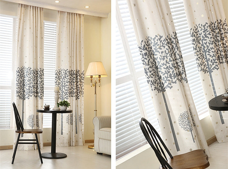 Concise Grey Tree Printing Shading Cloth & Sheer Curtain Sets