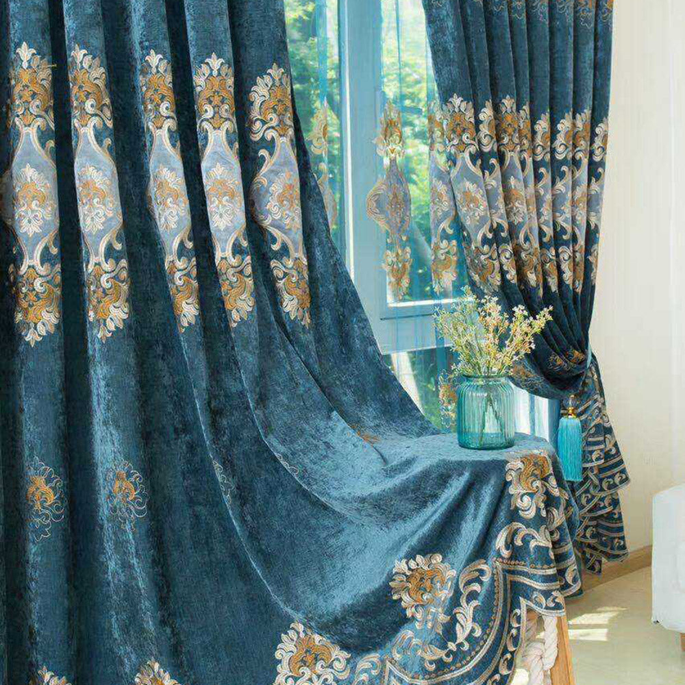 European Floral Embroidery Blackout Curtains Chenille Grommet Shading Curtains Sheer Decor Custom 2 Panels Drapes for Living Room Bedroom