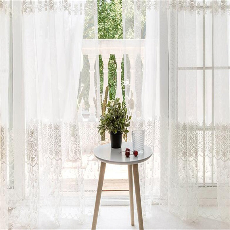 Korean Style Pastoral White Color with Lace Custom Sheer Curtain