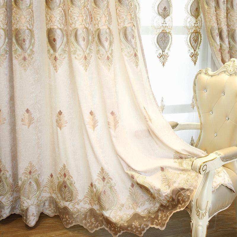 Chenille luxury Blackout Curtains Tulle Elegant Beige European Embroidery Window Curtains Sheer for Living Room Bedroom Set of 2 Panels