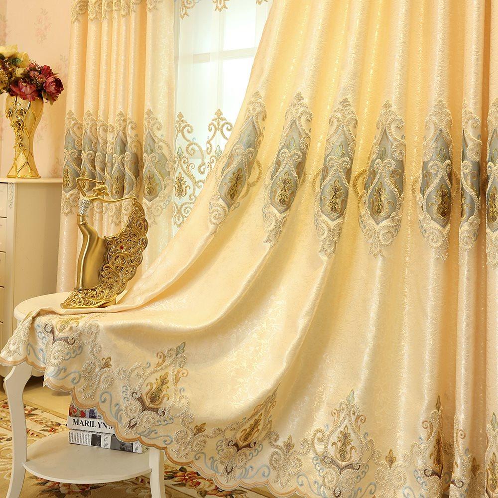 Yellow Embroidery Blackout Curtains Tulle Elegant Window Shading Curtains Sheer for Living Room Bedroom Custom Set of 2 Panels Drapes