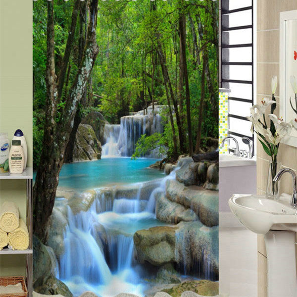 3D Waterfall and Hidden Forests Printed Polyester Shower Curtain