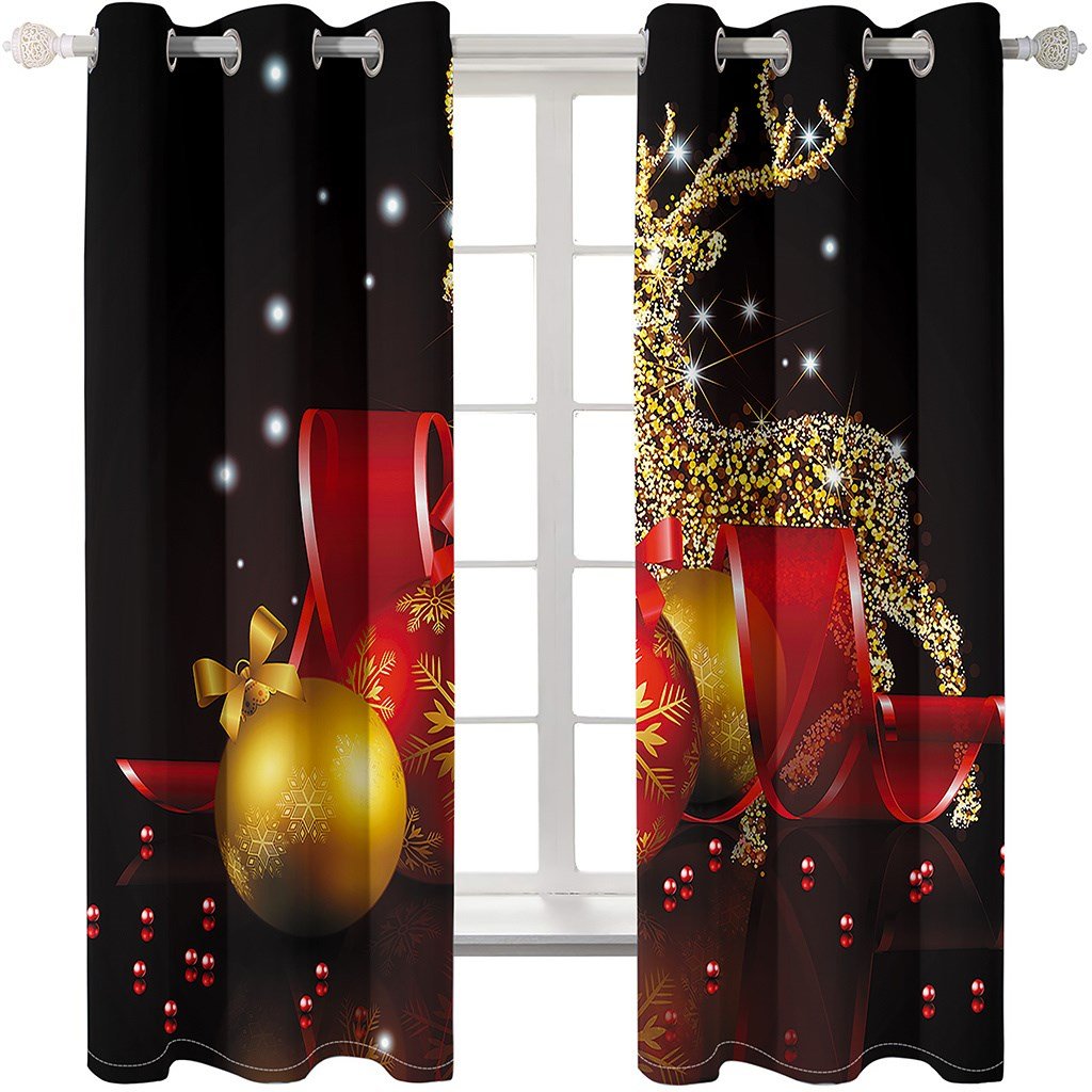 Black 3D Christmas Window Curtains Golden Deer and Balls Print Blackout Curtains for Living Room Bedroom Window Drapes Chirstmas 2 Panels Set