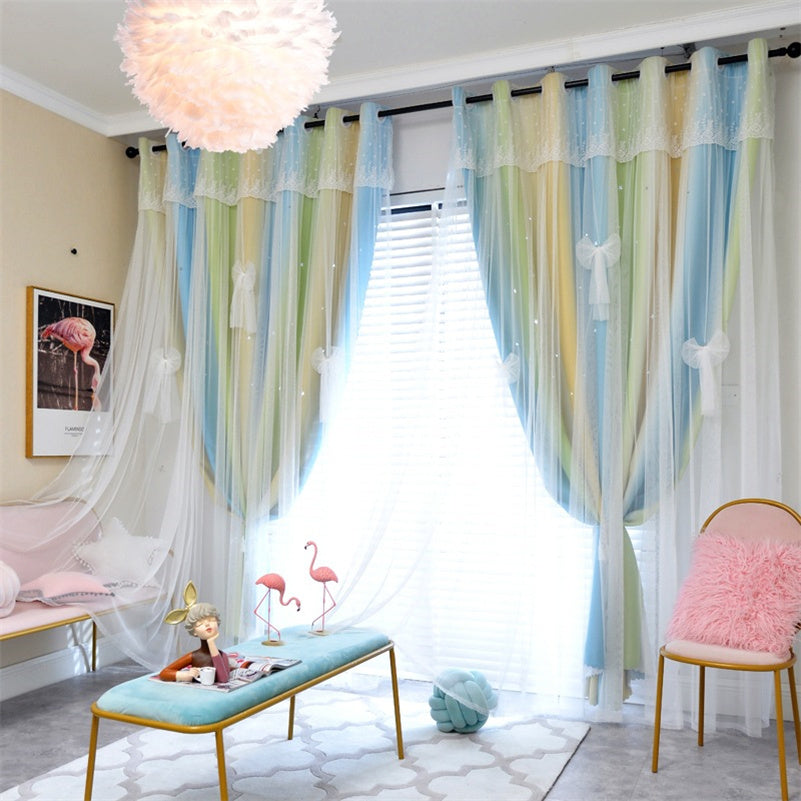 Sweet Stars Blackout Curtains for Bedroom Girls Kids Baby Window Curtain Double Layer Star Cut Out Aesthetic Living Room Decor Wall Home Decorations Curtain 1 Panels