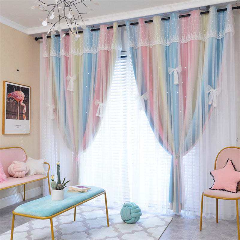 Sweet Stars Blackout Curtains for Bedroom Girls Kids Baby Window Curtain Double Layer Star Cut Out Aesthetic Living Room Decor Wall Home Decorations Curtain 1 Panels