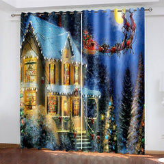 3D Window Curtains Christmas Carriage and Castle Print Blackout Curtains for Living Room Bedroom Window Drapes Chirstmas 2 Panel Set