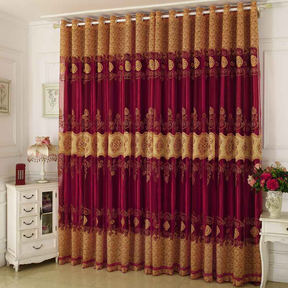 Classical Red Pattern Shading Sheer Beads Polyester Curtain