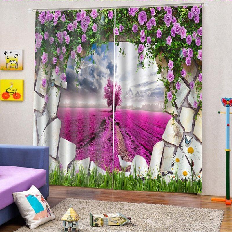 Pink Rose Flowers Curtains Sea of Lavender 3D Floral Themed Curtains Drapes 2 Panel Set for Living Room Bedroom Decoration Window