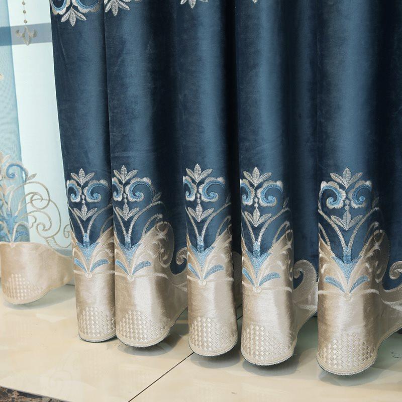 Luxury Blue Blackout Curtains Exquisite Floral Embroidery Sheer Window Shading Curtains Valance for Living Room Bedroom Custom Set of 2 Panels Drapes