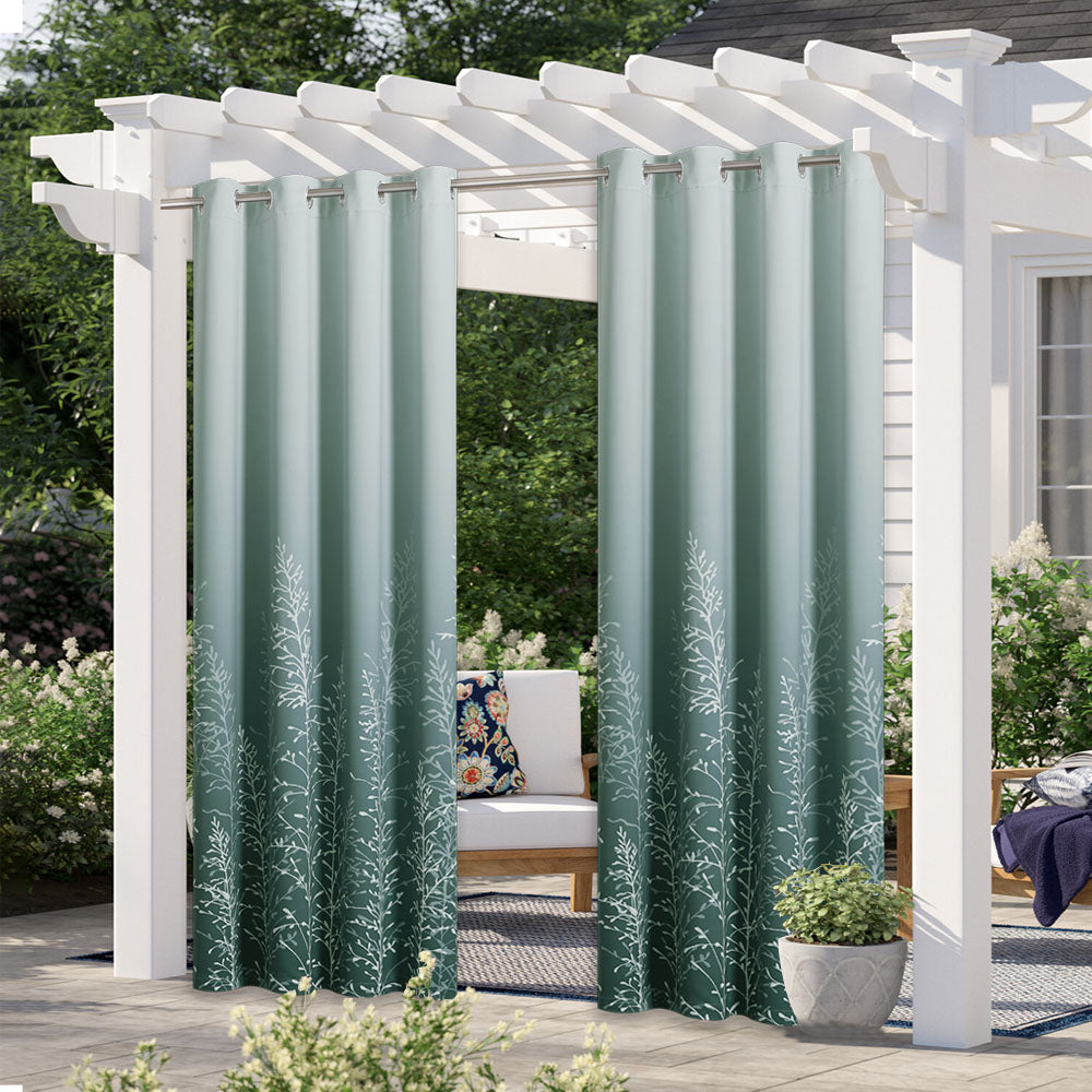 Modern Outdoor Curtains Gradient Green Plant Pattern Cabana Grommet Top Curtain Waterproof Sun-proof Heat-insulating 1 Panel