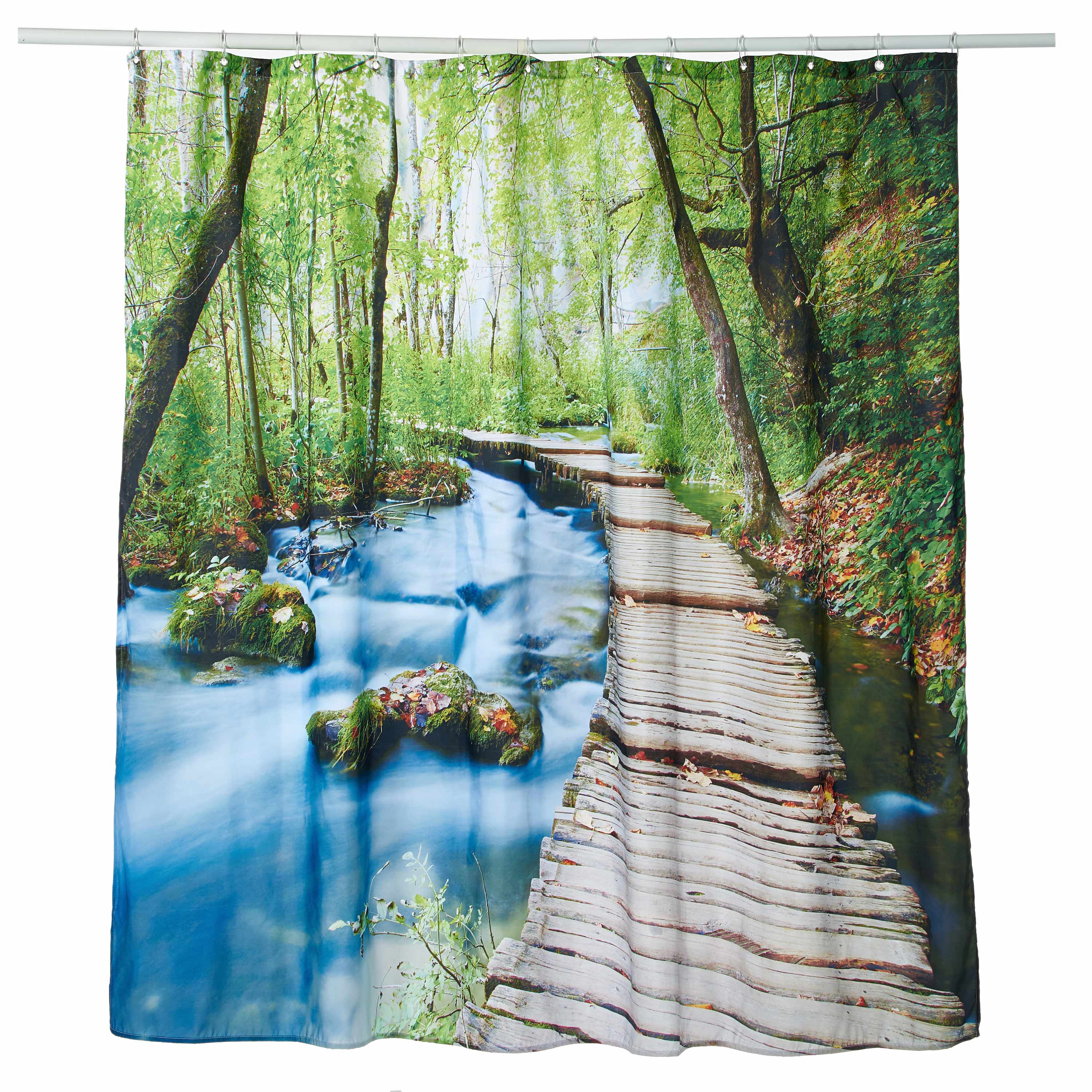 3D Secluded Forest and Wooden Path Printed Polyester Green Shower Curtain