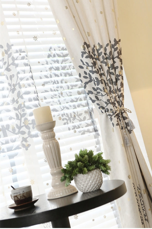 Concise Grey Tree Printing Shading Cloth & Sheer Curtain Sets