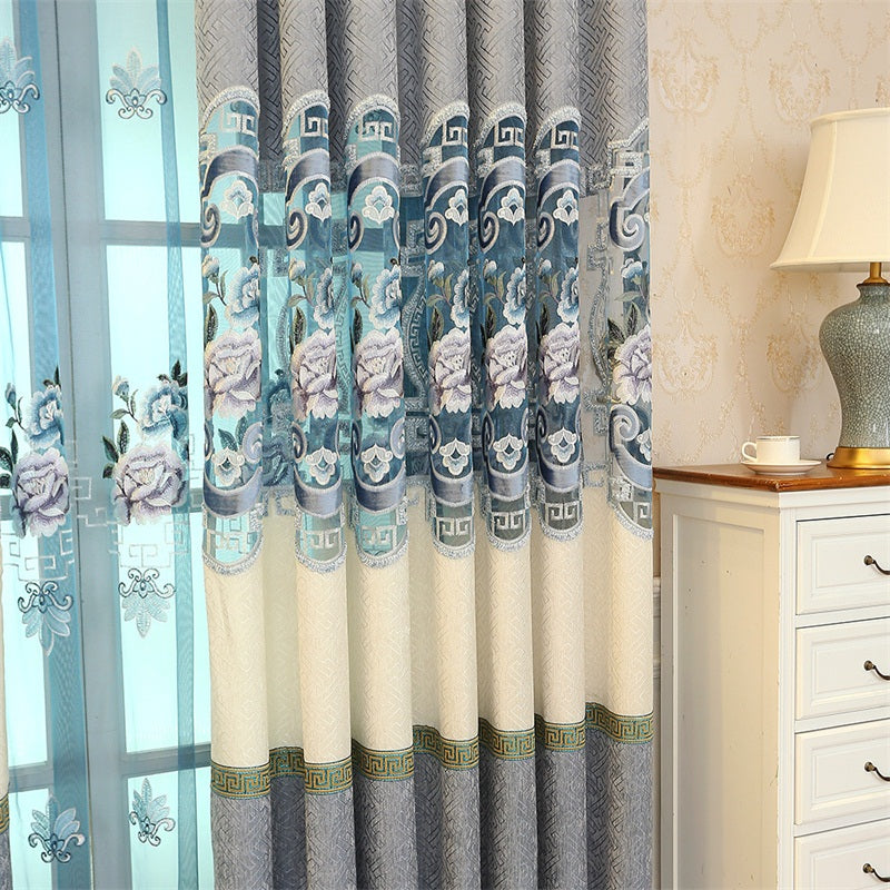 Blackout Curtain Elegant and Cozy Light Blue Embroidered Shading Curtain Flowers Hollowed-out Designing Living Room Curtain