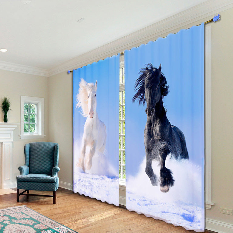 Impetuous White and Black Horses Printed Polyester Animal Scenery Custom 3D Curtains