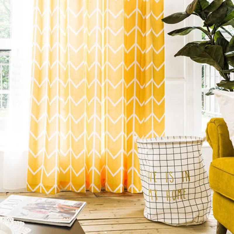 Contemporary Yellow Stripes Printing Cotton Linen Blackout Custom Double Pinch Pleat 60% Shading Rate Good Ultraviolet-proof Effect with Hooks