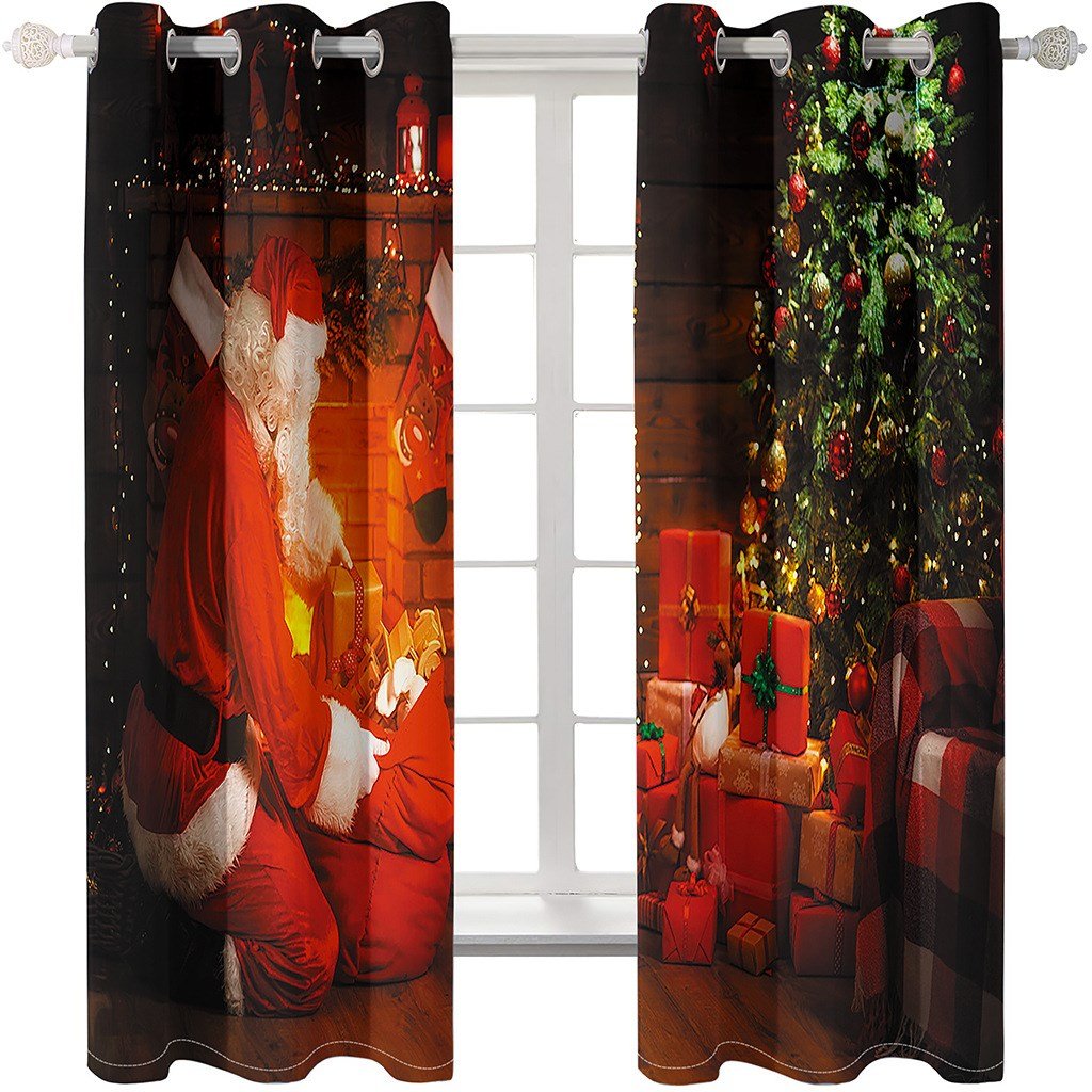 Christmas Gift 3D Window Curtains Santa Claus and Christmas Tree Print Blackout Curtains for Living Room Bedroom Window Drapes Chirstmas 2 Panels Set