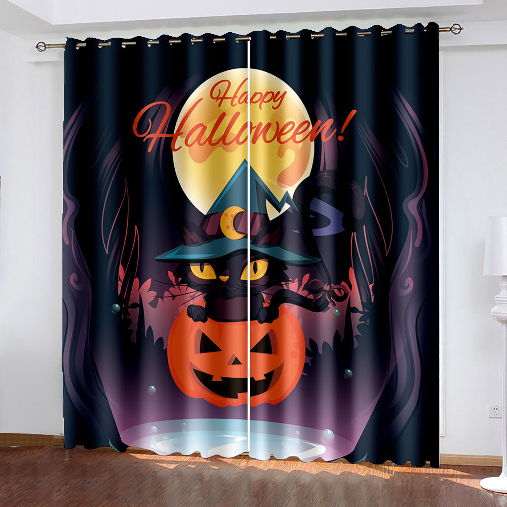 Halloween 3D Printed Curtains Pumkin Moon Cat Black Blackout Decoration Window Shading Curtain Custom 2 Panels Drapes Polyester