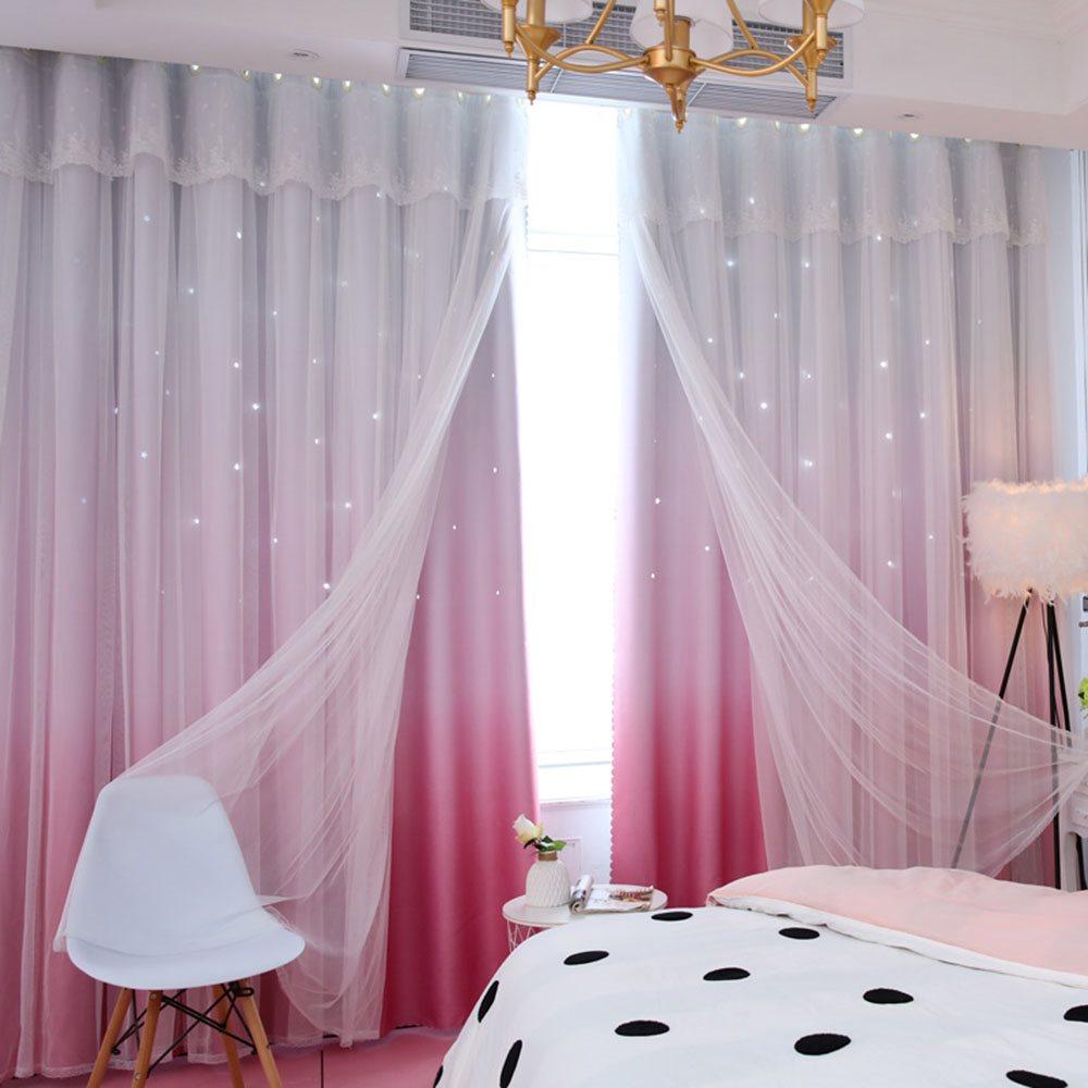 Romantic Princess Color Gradient Star Hollowed-out Custom Blackout Curtain Cloth and Sheer Sewing Together Curtain Set