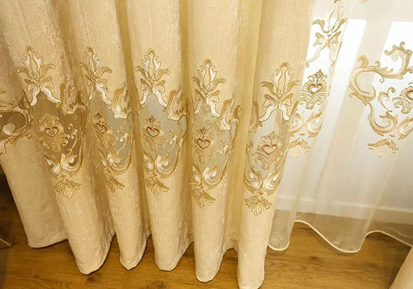 Blackout and Decoration Chenille Classic Shading Curtain Organza Sheer Embroidered Beige Grommet Top Curtain