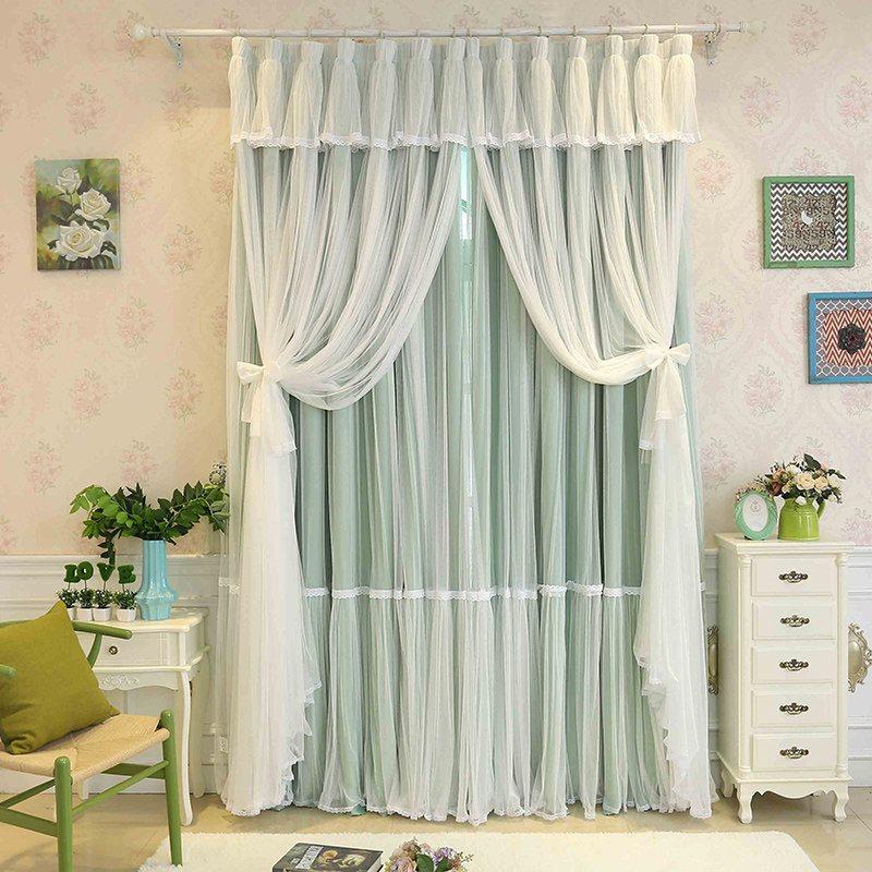 Princess Style  Blackout Curtains Green Sheer and Cloth Sewing Together Blackout Custom Curtain Set