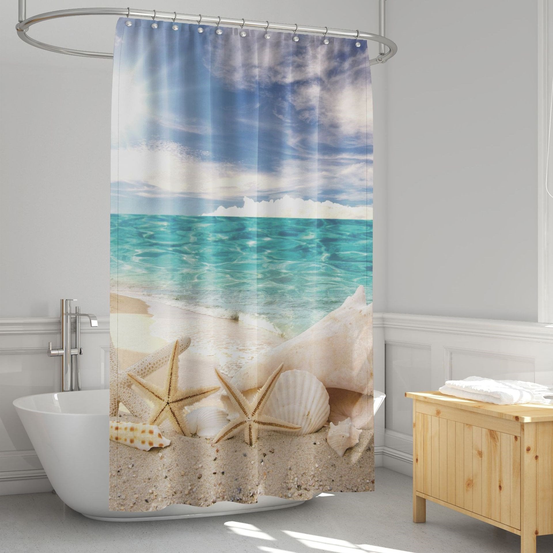 Beach and Starfish 3D Shower Curtain Bathroom Partition Curtain Set Durable Waterproof Mildew Proof Polyester