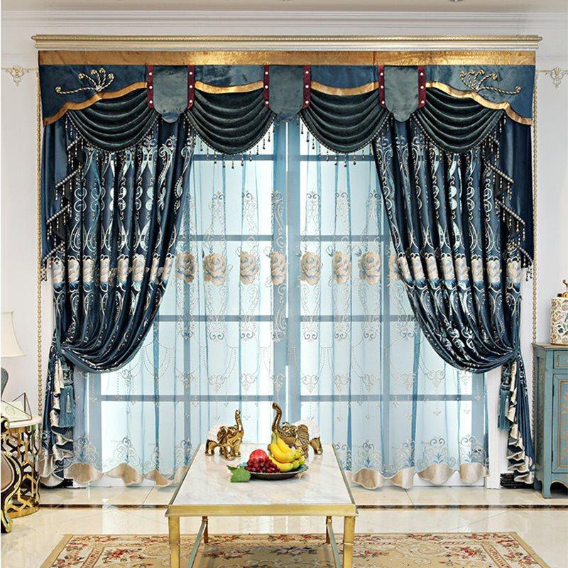 Luxury Blue Blackout Curtains Exquisite Floral Embroidery Sheer Window Shading Curtains Valance for Living Room Bedroom Custom Set of 2 Panels Drapes