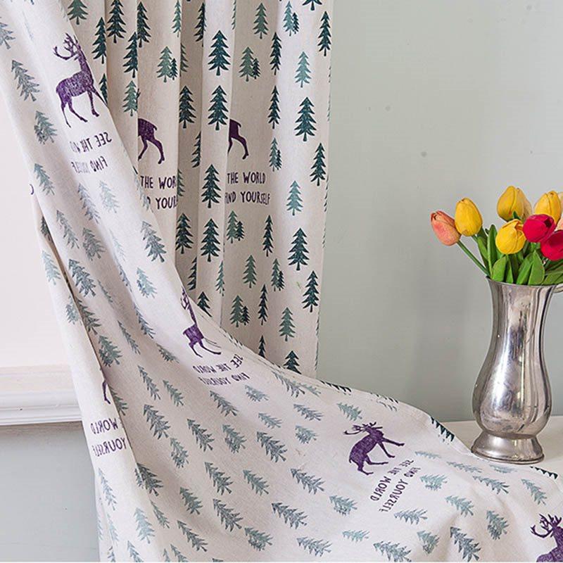 Cartoon Pine Trees Kids Curtain Cotton and Linen Half-shade Curtain Price for 1 Piece