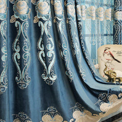 Luxury Blue Blackout Curtains Exquisite Floral Embroidery Sheer Window Shading Curtains Valance for Living Room Bedroom Custom Set of 2 Panels Drapes