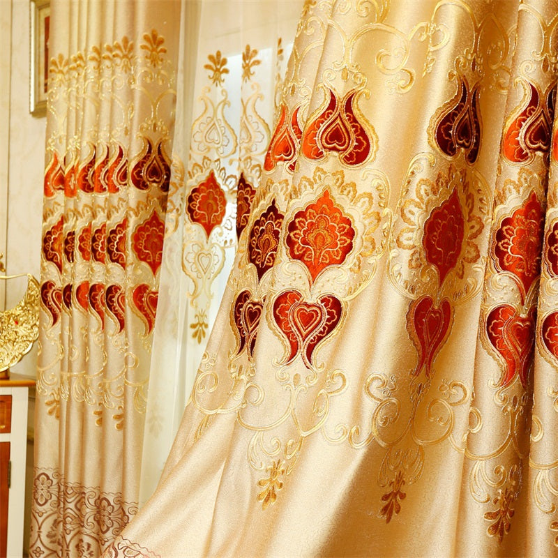 Noble and Elegant Blackout Curtains Thick Chenille Embroidered Golden and Red Flowers Shading Curtain 2 panels Grommet Top Curtain