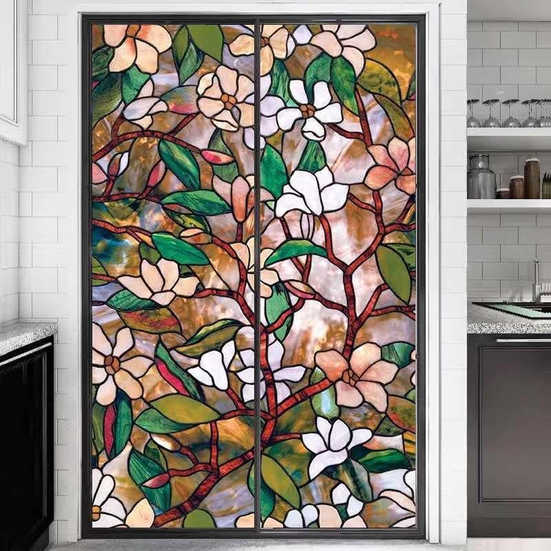 Privacy Floral Pattern Window Film Magnolia Non-Adhesive Static Cling Heat Control Non-Adhesiv Window Stickers for Glass Door Home House Ofiice