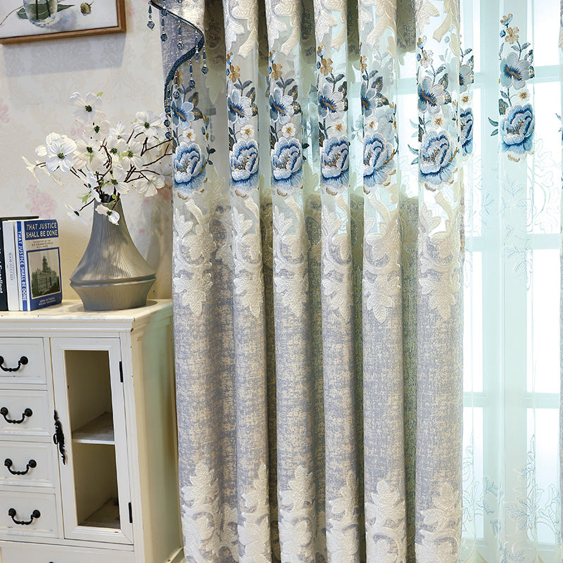 European Luxurious Shading Curtains Sheer Waterfall Valance Light Gray Embroidered Blackout Grommet Curtains for Living Room Bedroom Decoration Custom 2 Panels Drapes