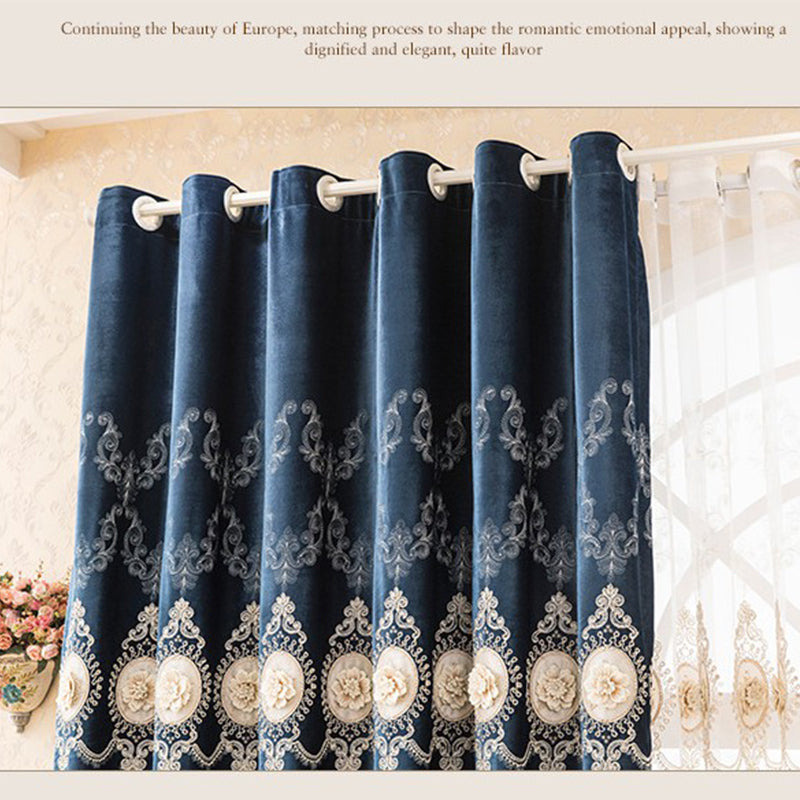 Blackout Curtains European Chenille Thicken Blue Window Curtains Embossed Embroidery Shading Curtains Sheer for Living Room Bedroom Decoration Custom 2 Panels Drapes