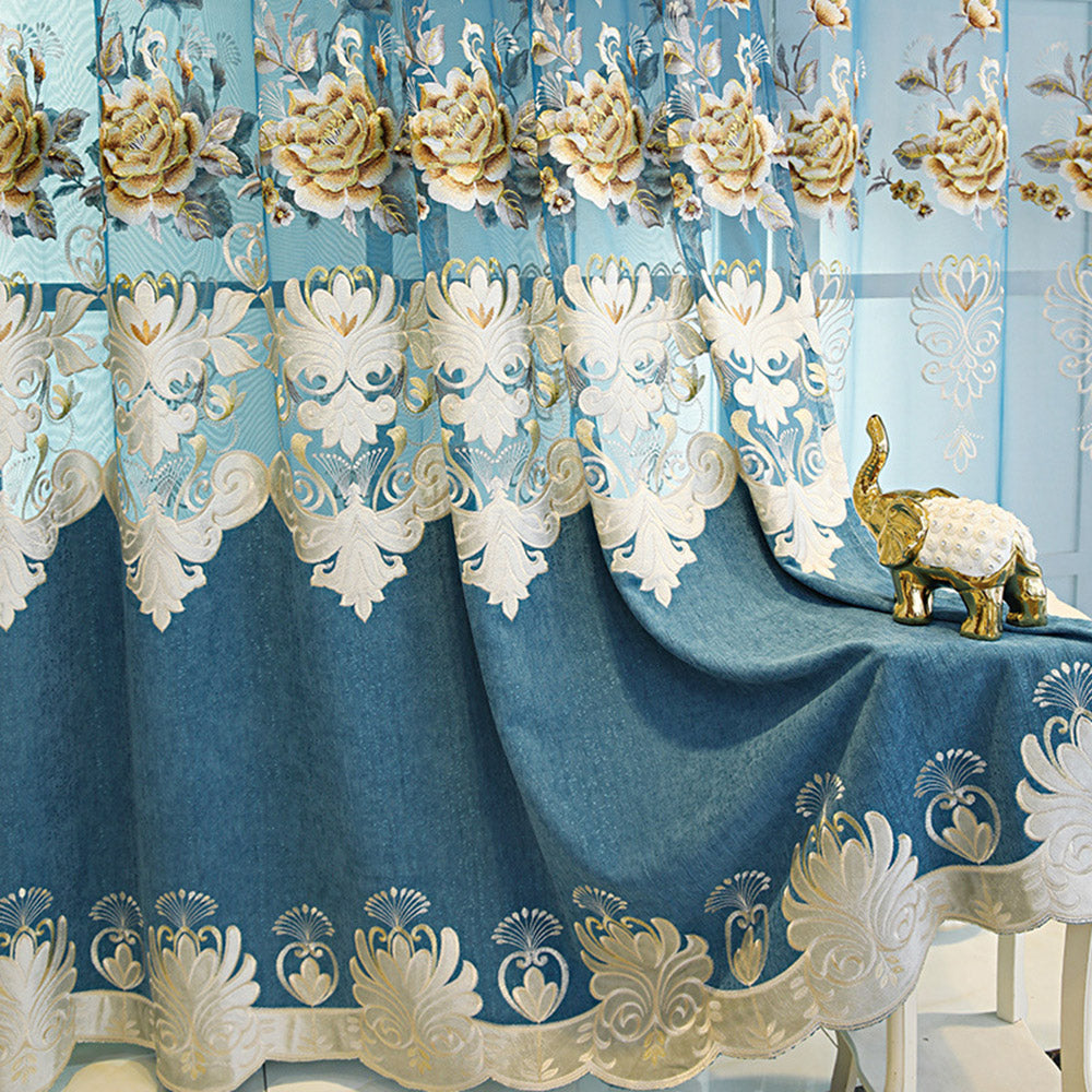 Chenille High-end Blackout Curtains European Blue Hollowed-out Floral Embroidery Window Curtains and Sheer for Living Room Bedroom Decor Custom 2 Panels