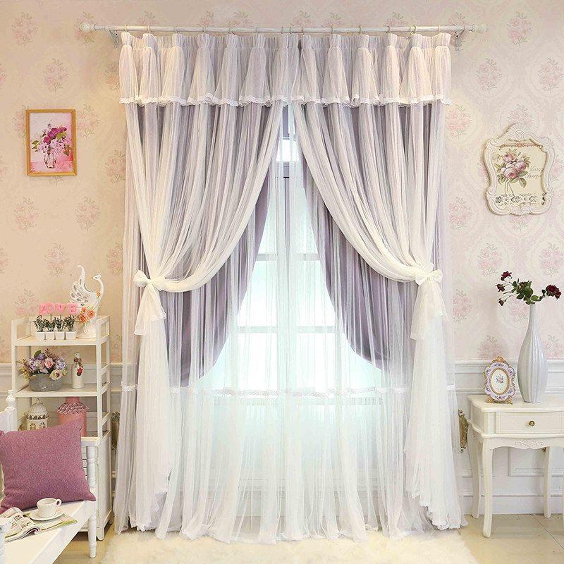 Blackout Curtains Princess Style Purple Lace Sheer and Cloth Sewing Together Blackout Custom Curtain Set