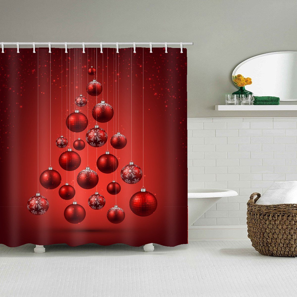 Red Christmas Balls Waterproof and Mildewproof 3D Polyester Shower Curtains with Hooks