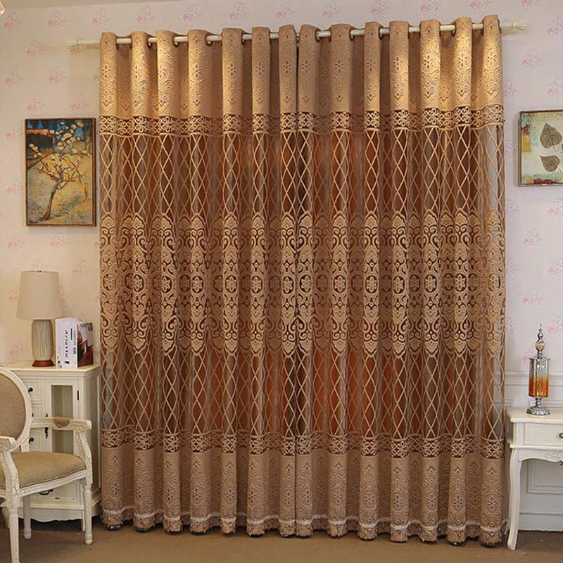 New European Elegant Floral Embroidery Gold Brown Double Shading Curtains Luxurious Hollow Curtains for Living Room Bedroom Decoration Custom 2 Panels Drapes Polyester Blend