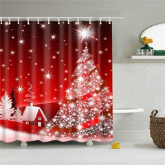 Red 3D Christmas Shower Curtain Glowing Christmas Tree Bathroom Partition Curtain Durable Waterproof Mildew Proof Polyester