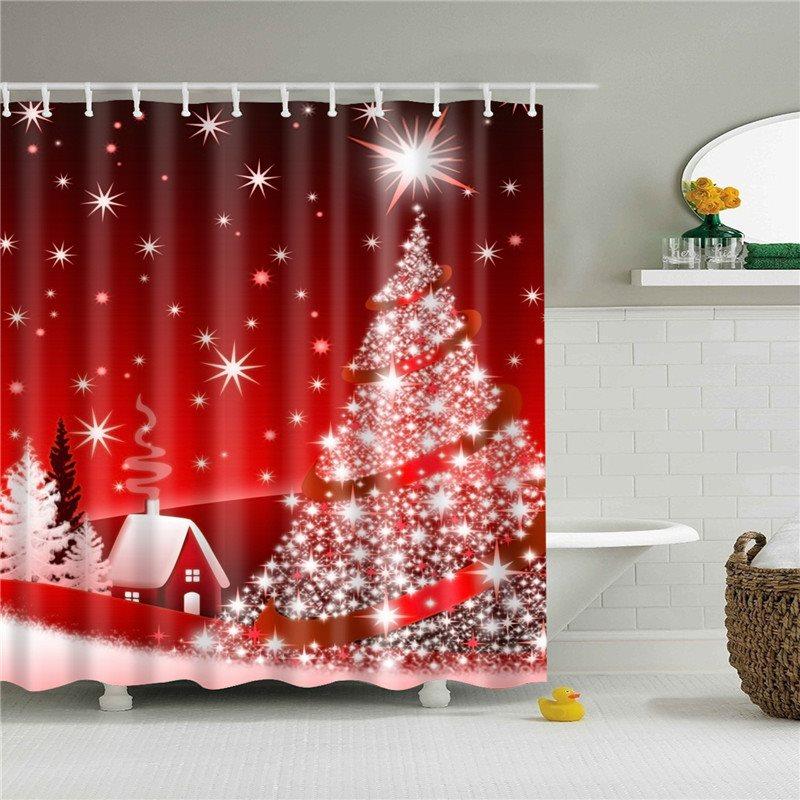 Red 3D Christmas Shower Curtain Glowing Christmas Tree Bathroom Partition Curtain Durable Waterproof Mildew Proof Polyester