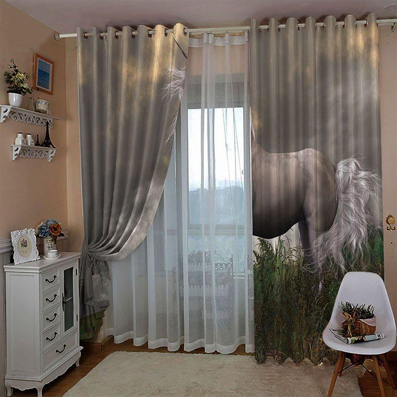 3D Blackout Curtains Running Horse Animal and Plant Print Curtains Panels Window Treatments for Living Room Bedroom Window Drapes 2 Panels Set Home Decorations