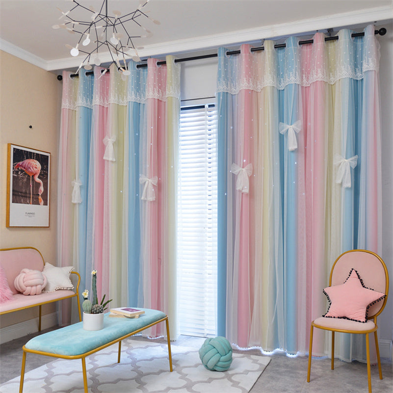 Sweet Stars Blackout Curtains for Bedroom Girls Kids Baby Window Curtain Double Layer Star Cut Out Aesthetic Living Room Decor Wall Home Decorations Curtain 1 Panels