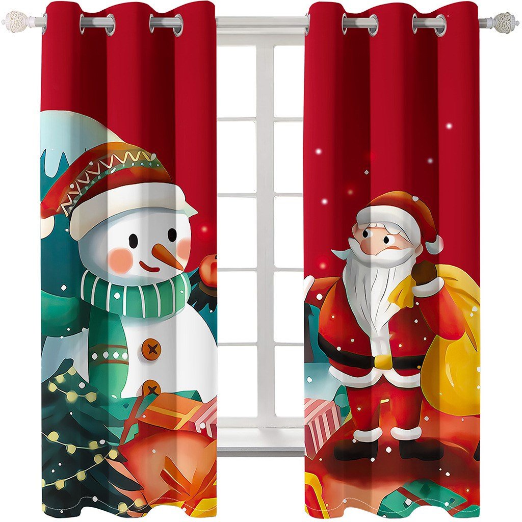 Red Christmas 3D Curtains Xmas Santa Claus and the Snowman Print Living Room Bedroom Window Drapes 2 Panel Set